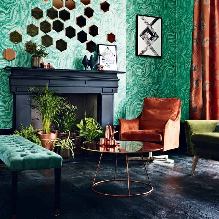 Green And Copper Living Room